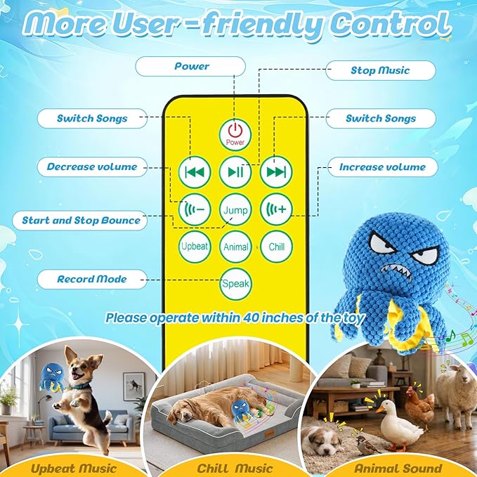 Interactive Dog Toys Octopus - Moving Dog Toys to Keep Them Busy, Rechargeable Automatic Music Bouncing Ball with 4 Play Modes, Squeaky Crinkle Plush Chew Toy for Small Medium Large Dogs