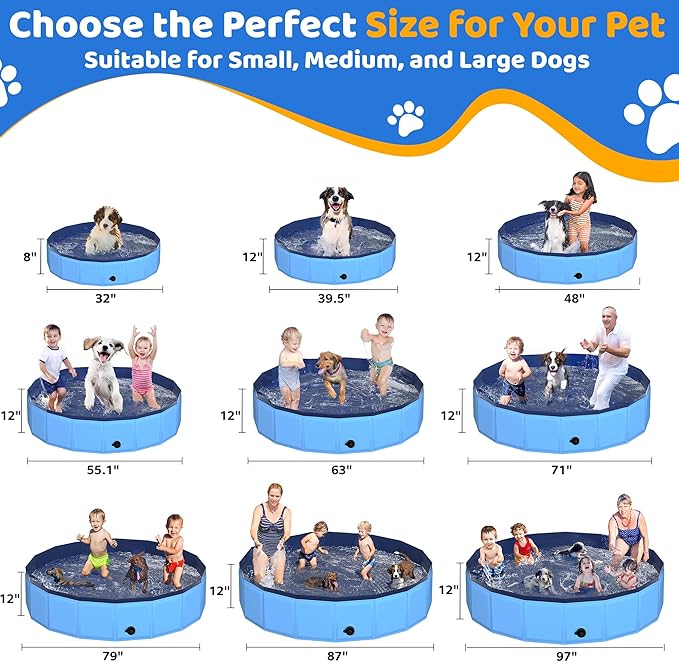 CACSPS 97" x 12" Foldable Dog Pool - Collapsible Hard Plastic Kiddie Pool for Dogs & Kids, Non-Slip Pet Bath Tub for Outdoor Backyard Use, Lightweight & Portable (Blue)