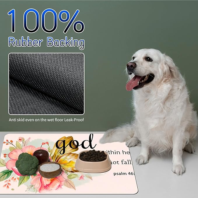Dog Food Mat, 19.6" x 23.6" Absorbent Pet Feeding Mat for Food and Water, Waterproof Diatom Mud Pet Placemat with Non-Slip Rubber Backing, Cat Bowl Mat for Floors - Flower Bible 46-5