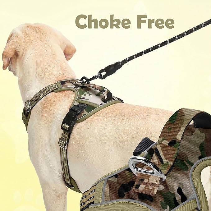 Funfox Dog Harness No Pull, Adjustable Pet Vest Harness, Super Soft Material with Vertical Handle Easy Control, Reflective Night Walking, 2 Leash Clips for Medium Sized Dogs, Camo Green, M