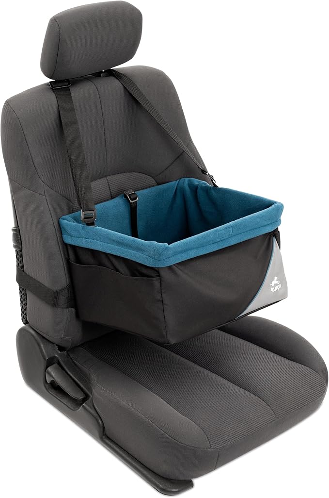 Kurgo Dog Booster Seat - Keeps Dogs Secure & Comfortable - Waterproof Exterior - Removable Washable Liner - Dog Car Seat with Harness Strap - Collapsible - Rover Style - Black/Blue