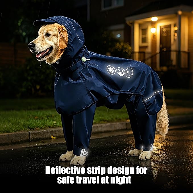 Dog Raincoat, Full-Body Hooded All-Weather Jacket, Waterproof and Windproof with Reflective Strips, Suitable for Large Dogs, M