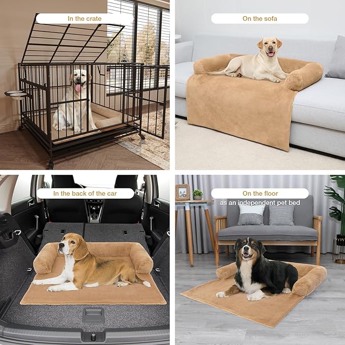 Orthopedic Dog Bed Mat for Large Dogs, Washable Sofa Protector Pet Bed with 3-Sided Bolster, Shredded Memory Foam & Plush Support, Non-Slip Bottom for Medium & Small Dogs (Tan)