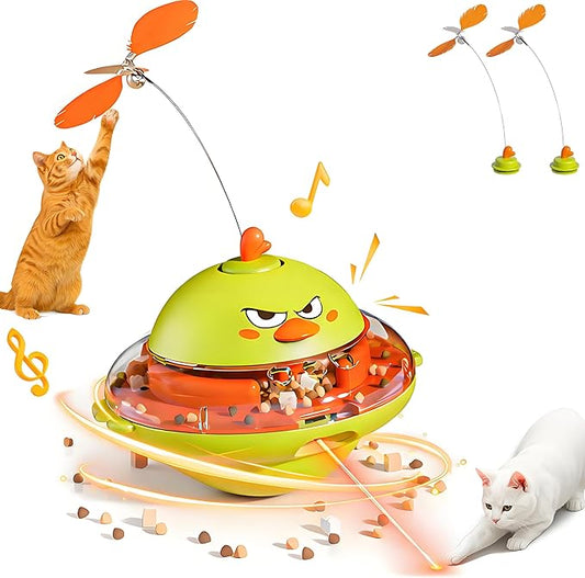 hooroor 4-in-1 Automatic Cat Toy Gift for Cat Owners, Interactive Laser & Feather Teaser with Bird Sounds, Treat Reward, Self-Balancing 360° Spinning Enrichment Exercise Toy for Bored Indoor Cats