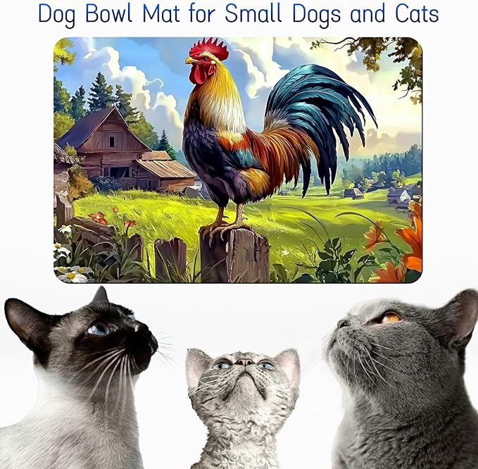 Dog Food Mat, 15.7" x 23.6" Absorbent Pet Feeding Mat for Food and Water, Waterproof Diatom Mud Pet Placemat with Non-Slip Rubber Backing, Easy Clean Cat Bowl Mat for Floors - Village Rooster