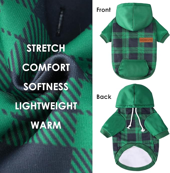 Dog Basic Hoodie Soft Dog Clothes Cold Weather Sweaters for Medium Large Dogs Cozy Fabric Warm Sweatshirt with Leash Hole for Boys (Green Plaid, Medium (10-20 lbs))