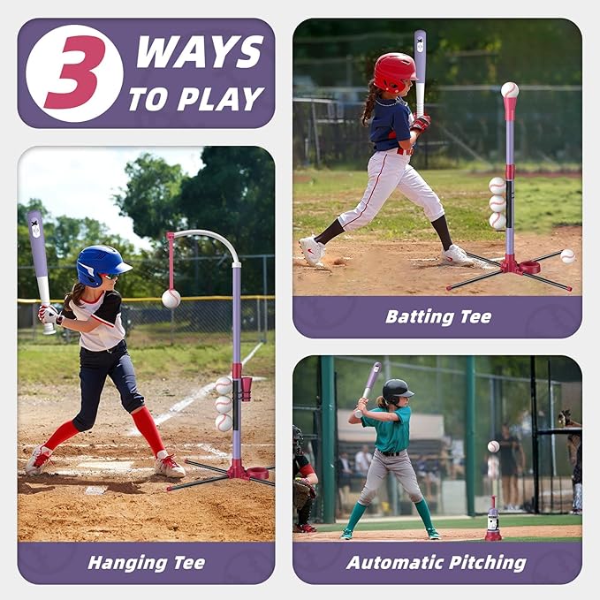 Wee Wonders 3-in-1 T Ball Set - Adjustable Height, Hanging Tee Ball Set with Automatic Pitching Machine/6 Balls/Retractable Bat, TBall Stand Suit for Outdoor, Sport Toys Gifts for Kids Girls Age 3+