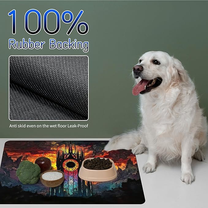 Dog Food Mat, 19.6" x 23.6" Absorbent Pet Feeding Mat for Food and Water, Waterproof Diatom Mud Pet Placemat with Non-Slip Rubber Backing, Cat Bowl Mat for Floors - Sunset Mountain Range