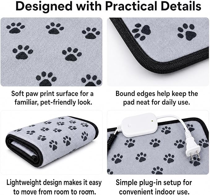 Cat Heating Pad – 18x18 in Self-Warming Pet Bed, Electric Heated Dog & Cat Pad, Waterproof, Temperature Adjustable, Fast Heating, Safe Thermostat, for Kittens Puppies Small Pets