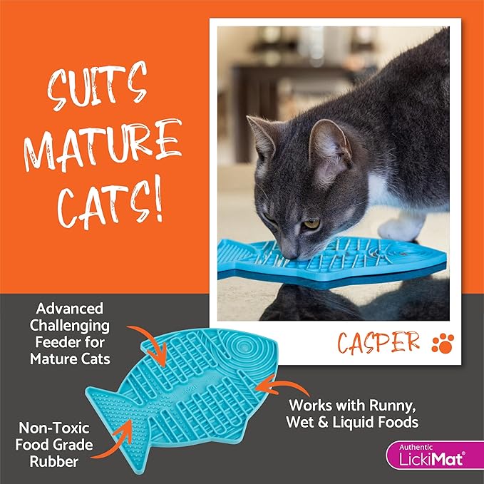 LickiMat Casper, Fish-Shaped Cat Slow Feeders Lick Mat, Boredom Anxiety Reducer; Perfect for Food, Treats, Yogurt, or Peanut Butter. Fun Alternative to a Slow Feed Cat Bowl or Dish, Yellow