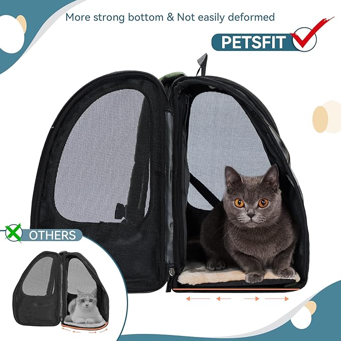 Petsfit Expandable Pet Backpack Carrier for Cats & Small Dogs up to 18 lbs – Foldable Travel Backpack with Mesh Ventilation & Lockable Zippers for Hiking, Camping – Green