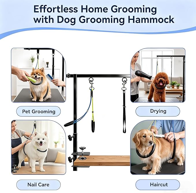 Dog Grooming Arm with Pet Grooming Hammock, 27”-42” Adjustable Grooming Stand with No Sit Haunch Holders and Loop Noose, Grooming Restraint for Small and Medium at Home or Salon