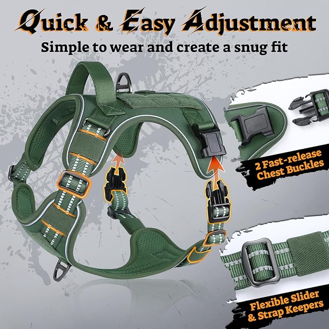rabbitgoo Tactical Dog Harness for Large Dogs No Pull Adjustable Military Vest with Handle MOLLE Reflective Heavy Duty Dog Vest for Walking Training Hunting Outdoor Working Medium Size Dog Green M