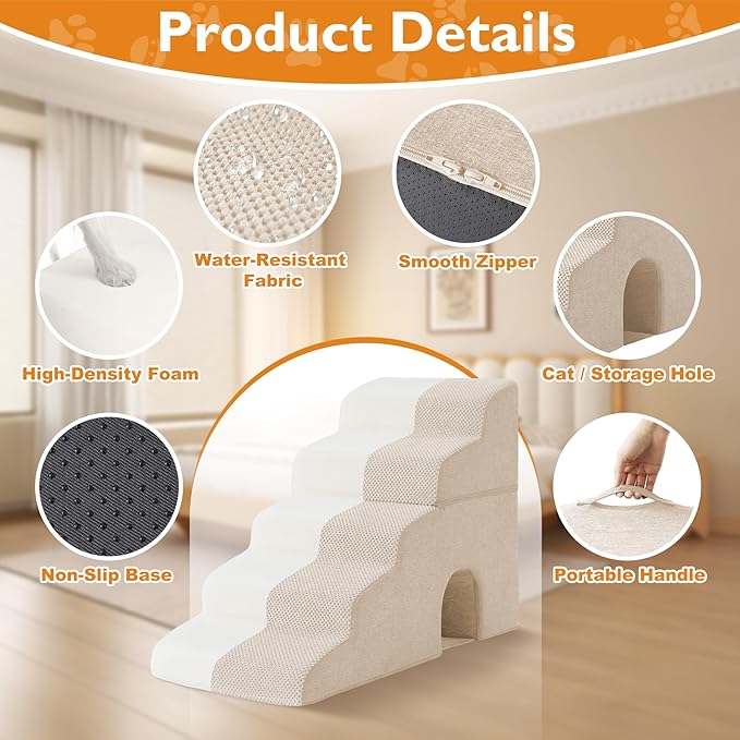 Dog Stairs for Bed 23’’ H, 5-Step Dog Steps for High Bed, Foldable Pet Stairs for Small Dogs and Cats to Get on Beds, Couch, Non-Slip Balanced Pet Steps and Ramp with Waterproof Cover, Beige