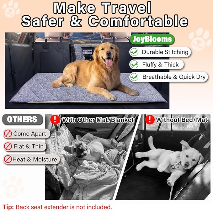 JoyBlooms Dog Bed for Car Back Seat, Dog Cooling Mat with 1.1in/2.8cm Thick Foam, Cooling Anti-Slip Washable Back Seat Pet Bed, 51.6in x 22.6in Fit on Backseat Extenders of SUVs and Small Trucks,Blue