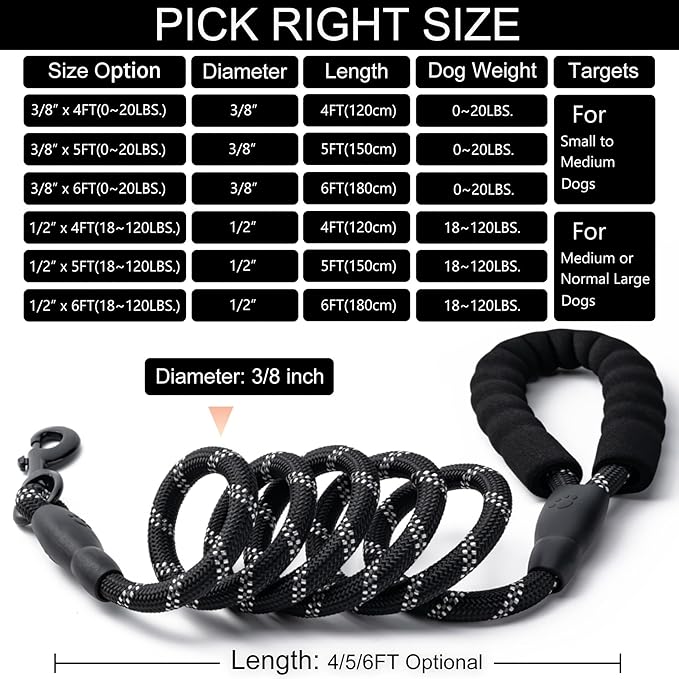 2 Pack Dog Leash, 4/5//6 FT Heavy Duty Nylon Rope Pet Leashes with Comfortable Padded Handle, Reflective Dog Leashes for Small Medium and Large Dogs (5FT-3/8,Black/Black)
