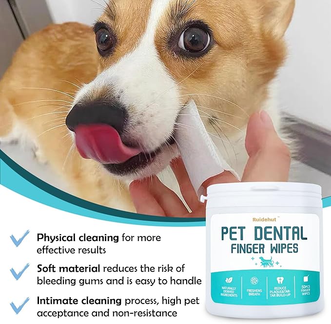 Pet Dental Finger Wipes, Dog & Cat Teeth Cleaning, Plaque Control & Breath Freshening, Regular Size, Suitable for Pet Toothbrushes (50 Count)
