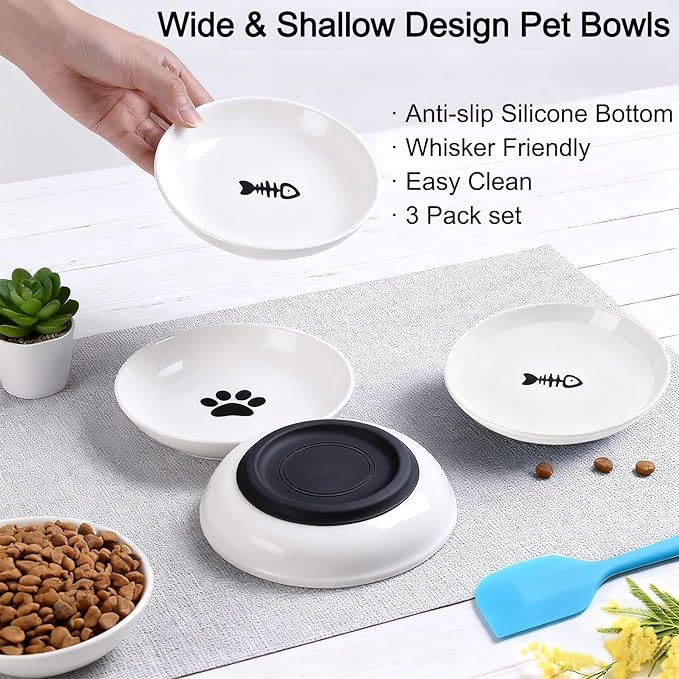 3 Pack Ceramic Cat Food Bowls Non Slip Cat Plates Anti Whisker Fatigue Healthy Ceramic Cats Dishes Set for Indoor Shallow Wide Kitten Plates for Food and Water, Pet Dishes for Cats with Rubber Base