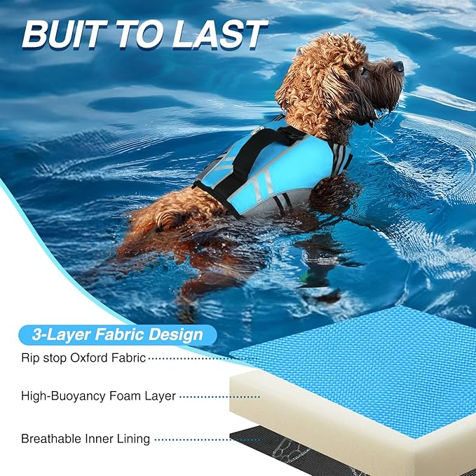 VIVAGLORY Sports Style Dog Life Vest, Dog Life Jacket for Swimming & Boating, Ripstop & Buoyancy for Puppy Doggy, Lifejacket with Handle, XS, Blue