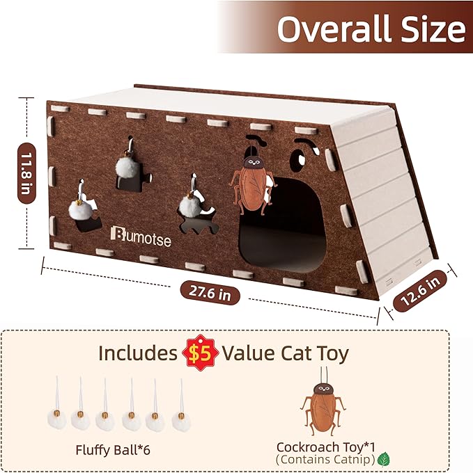 Felt Cat Bed Cave for Indoor Cats, Modular Tunnel Hideaway House for Large Cats Up to 22LB, Cozy Washable Felt Cat Condo for Sleeping, Playing & Hiding, Coffee