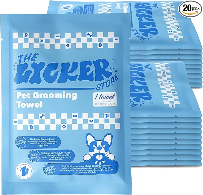 PWP1007A-20SET Dog Bath and Grooming Towels, Ultra-Absorbent & Soft Pet Wipes for Paws, Body and Butt, Hypoallergenic & Cruelty-Free, Alcohol-Free, 5.1" x 7.1", 20 Count