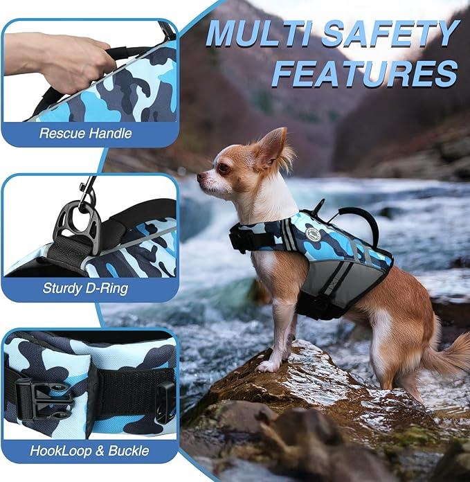 VIVAGLORY Sports Style Dog Life Vest, Dog Life Jacket for Swimming & Boating, Ripstop & Buoyancy for Puppy Doggy, Lifejacket with Handle, XS, Camo Blue