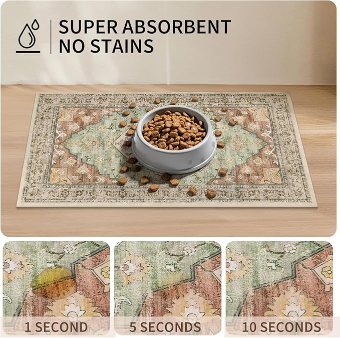Boho Dog Feeding Mat, Absorbent Cat Matt for Food, Non Slip Pet Water Bowl Placemat Small for Floor, Olive Green & Rust & Bright Blue Indoor Dog Eating Dish Mat 12"x20"