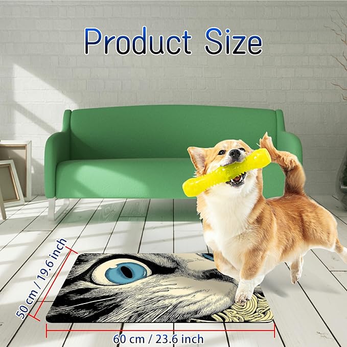 Dog Food Mat, 19.6" x 23.6" Absorbent Pet Feeding Mat for Food and Water, Waterproof Diatom Mud Pet Placemat with Non-Slip Rubber Backing, Easy Clean Cat Bowl Mat for Floors - Noodle Cat