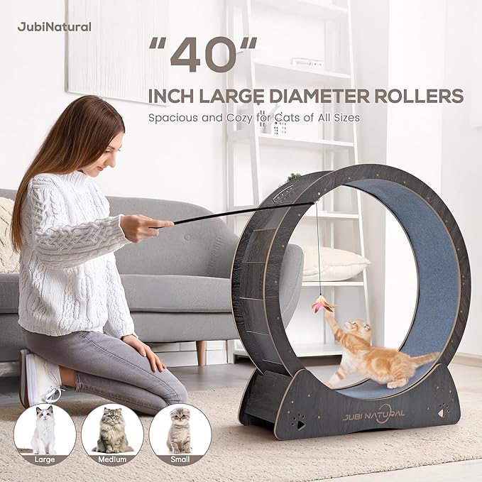 Cat Exercise Wheel for Indoor Cats, 43" Large Cat Running Wheel with Quiet Carpet Track, Safety Lock, Anti-Pinch Design, Cat Treadmill for Energy Release, Weight Control & Healthy Activity- Black