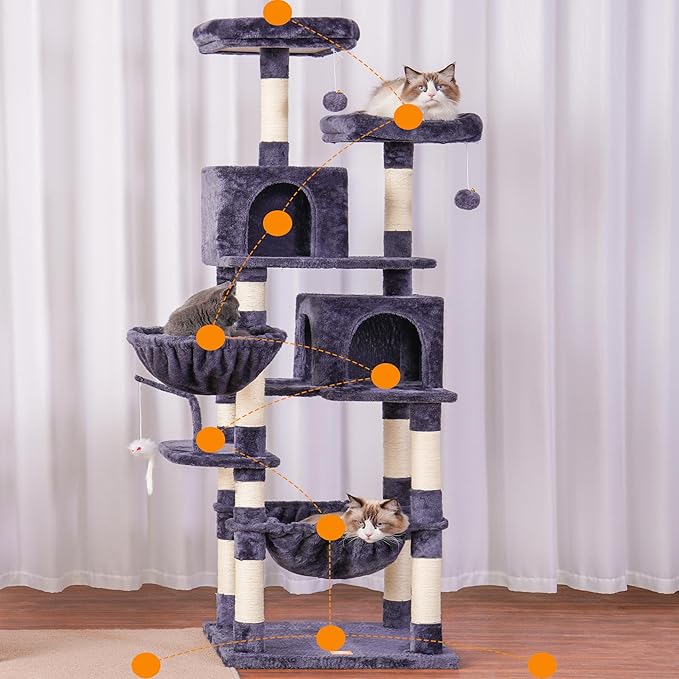 Heybly Cat Tree, 70 inches Tall Cat Tower condo with Toy for Indoor Large Cats, Cat House Furniture with Padded Plush Perch, Cozy Hammock and Sisal Scratching Posts,Smoky Gray HCT032G