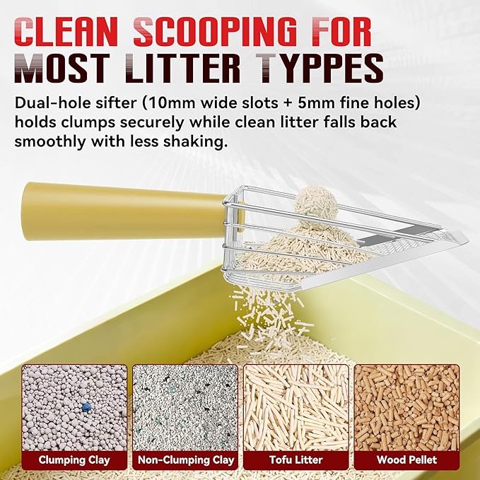 Metal Cat Litter Scoop with Holder, Heavy Duty Deep Sifter with Dual-Hole (10mm/5mm) for Pellets & Clay, Non-Stick (Yellow)