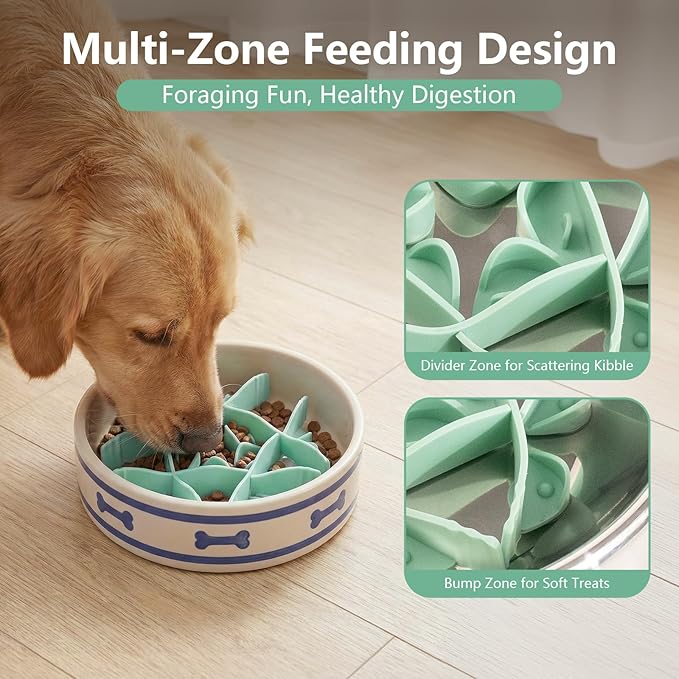 Silicone Dog Slow Feeder Bowl Insert with Suction Cups, Cuttable Food-Grade Lick Mat Divider Fits Stainless Steel Ceramic Glass Dog Bowls, Helps Slow Down Eating, Green