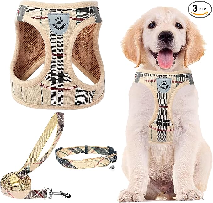 PUPTECK Adjustable Dog Harness Collar and Leash Set Step in No Pull Pet Harness for Small Medium Dogs Puppy and Cats Outdoor Walking Running, Soft Mesh Padded Reflective Vest Harnesses, Beige XXL