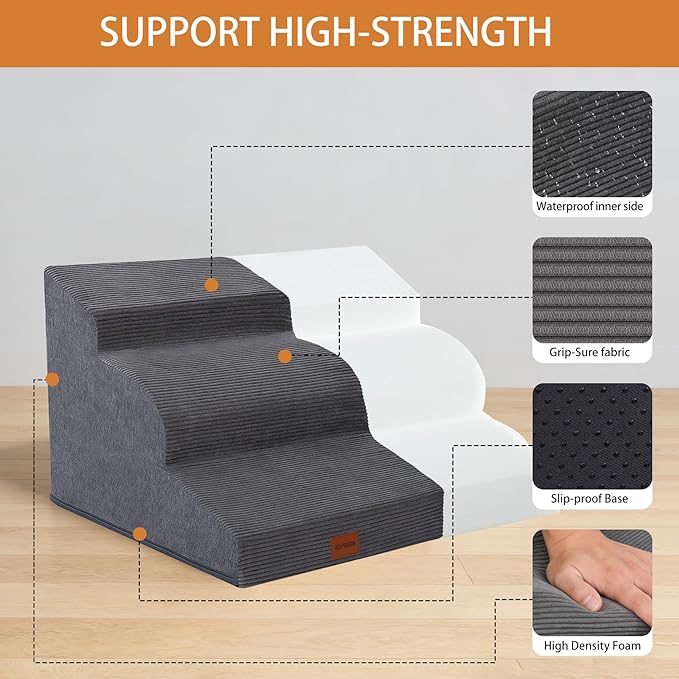 Dog Stairs for Small Dogs and Cats, 15.7" H, 3-Step Curved Pet Ramp for Couch Sofa and Chair, Non-Slip Medium Pet Steps with High Density Foam, Grey