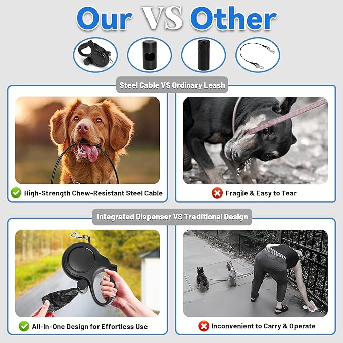 26ft Heavy Duty Retractable Dog Leash for Large Dogs, Dog Leash with Poop Bag Holder, Up to 100lbs, Chew Proof Cable, One-Handed Pause & Lock, 360° No Tangle. (26 ft, Black)