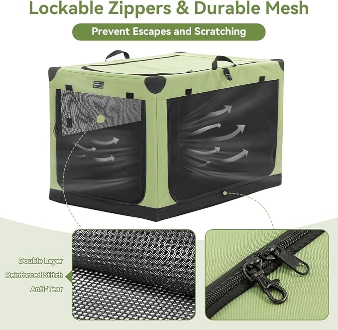 PETSFIT 30" Soft Portable Dog Crate – Patented Spiral Sturdy Frame, Collapsible Travel Kennel for Medium Dogs, 3 Mesh Door, Lockable Zippers, Indoor & Car Use Green