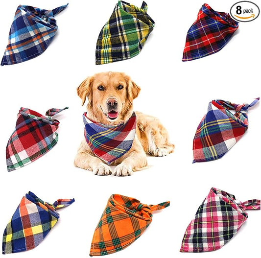 8 Pack Triangle Dog Bandanas, Reversible Plaid Painting Bibs Scarf Large Dog Bandanas Boy Girl, Washable and Adjustable Kerchief Set for Small to Large Dogs Cats Pets(Size XL)