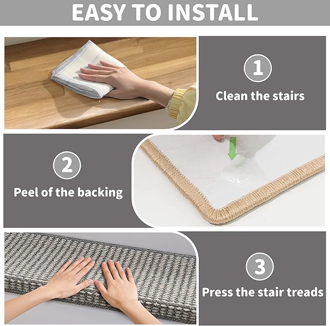 Brakki Bullnose Carpet Stair Treads, Stair Treads for Wooden Steps Indoor Runner and Pets, Non Slip Soft Edging Staircase Protectors, Washable, 29.5"x9.5"x1.5" 7pcs, Grey and Cream