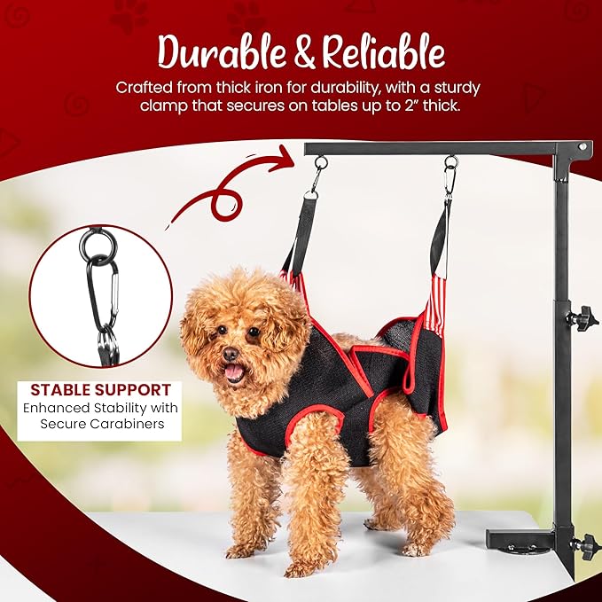 Dog Grooming Arm with Clamp & Pet Grooming Hammock | 4 Extra Bundles | Dog Grooming Stand with Grooming Gloves, Shears & Comb & Nail File | Grooming Table Arm with Adjustable No Sit Haunch Holders