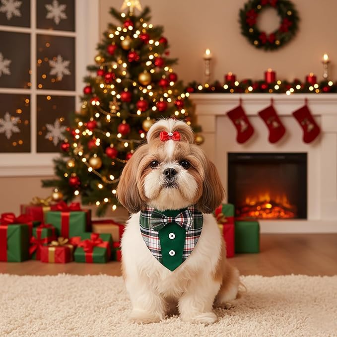 ADOGGYGO Christmas Green Dog Tuxedo Bandana, Plaid Pet Bowtie Collar, Adjustable Green Plaid Christmas Costume for Extra Small Dogs Cats (XS)