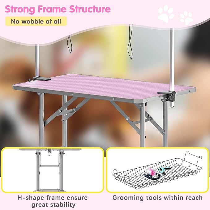Dog Grooming Table, Adjustable Large Pet Drying Desktop, Foldable Bathing Desk with Arms, Noose, Mesh Tray, Maximum Capacity Up to 330Lb, 42in, Pink