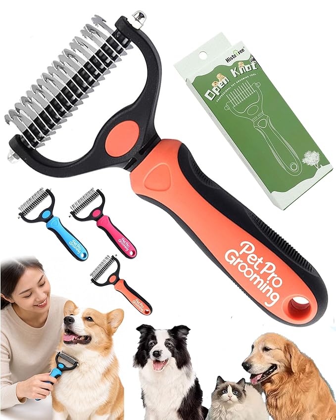 Pet Deshedding Brush for Dogs Cats, 2-in-1 Pet Grooming Tool with Rounded Stainless Steel Teeth & Non-slip Handle, Dual-Head Dematting for Thick Double Coats – Gentle Coat Care (Orange)