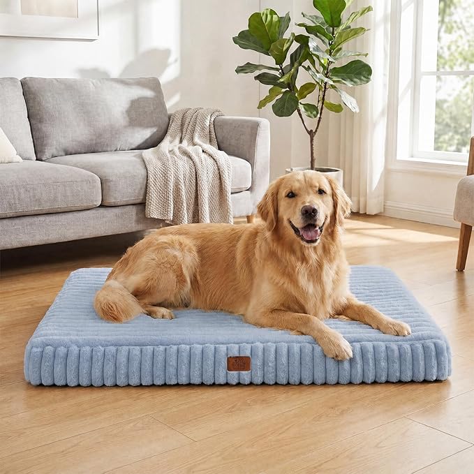 Orthopedic Dog Bed for Large Dog, Waterproof Pet Bed for Crate,Non-Slip Bottom and Egg-Crate Foam with Removable Washable Cover Crate Bed,Blue,35"x22"x3"