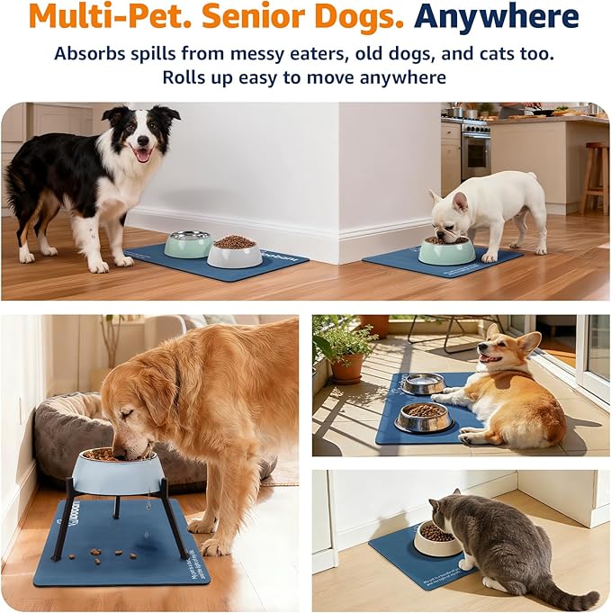 LOOBANI Dog Food Mat for Floors Waterproof 17.3"x17.3"- Absorbent Dog Bowl Mat for Food and Water Bowl, Leakproof Rubber Backing, Dog Feeding Mat for Dog, Cat, Pet (17.3"x17.3", Dark Blue)