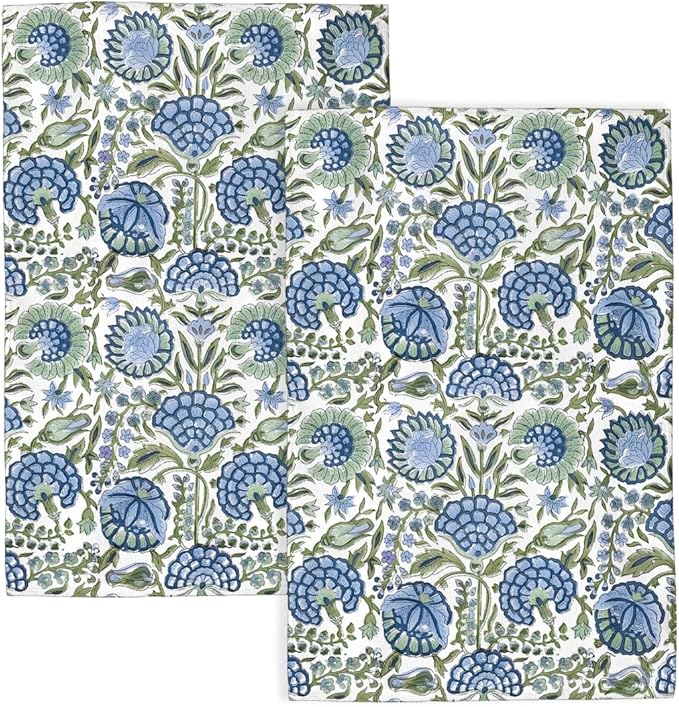 Vintage Blue Sage Green Floral Kitchen Towels Boho Floral Dish Towel 16×24 Inch Soft Absorbent Flowers Hand Cloths for Kitchen Drying Decore Set of 2