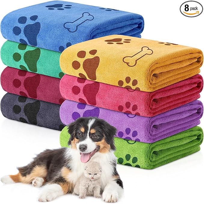 Chumia 8 Pcs Dog Towels for Drying Dogs Cats Pet Towels Bulk Puppy Microfiber Fast Drying Paw Bath Bathing Supplies Absorbent for Medium Pets(40 x 24 Inch,Dog Paw and Bone,Colorful)