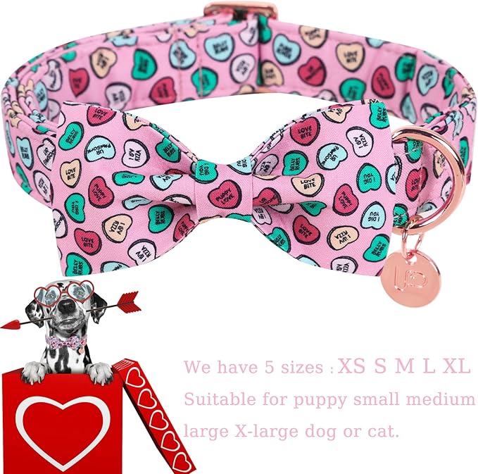 Valentine Dog Collar with Bow Tie, Pink Cotton Collar with Metal Buckle, XS, Neck 8-12in