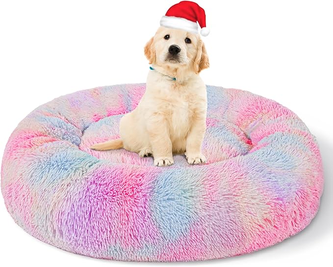 Patas Lague Calming Dog Bed for Small Dogs, Fluffy Soft Cozy Cat Bed, Faux Fur Anti-Anxiety Plush Washable Pet Donut Cuddler for All Seasons 20IN, Mixed Rainbow