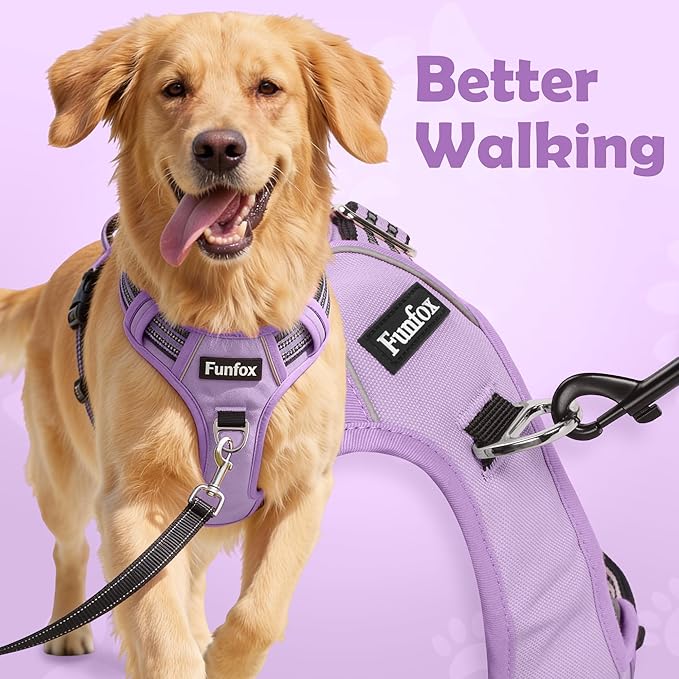 Funfox Dog Harness No Pull, Adjustable Pet Vest Harness, Super Soft Material with Vertical Handle Easy Control, Reflective Night Walking, 2 Leash Clips for Small Sized Dogs, Purple, S