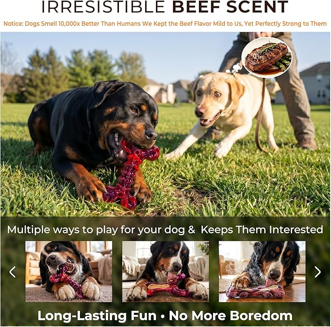Kseroo Indestructible Dog Toys for Aggressive Chewers: 3-Pack Beef Flavored Hard Nylon Dog Chew Toys for Medium & Large Dogs(25-90lbs), Tough Super Chewer Dog Bones Toys to Keep Them Busy, Red